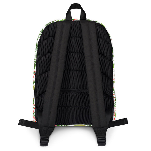 Christmas Floral White Black With Berries Print Water Resistant Backpack- Made in USA/ EU-Backpack-Heidi Kimura Art LLC