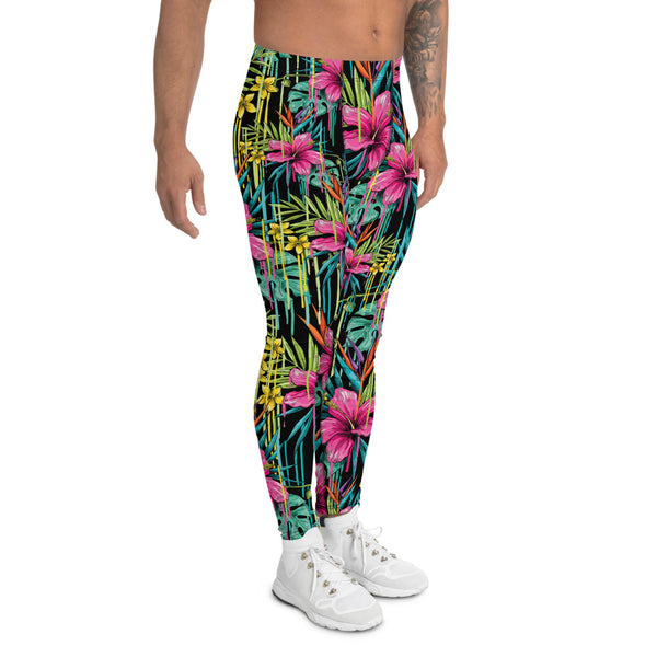 Tropical Pink Floral Men's Leggings, Leaf Print Meggings-Made in USA/EU-Heidi Kimura Art LLC-Heidi Kimura Art LLC Tropical Pink Floral Men's Leggings, Hawaiian Style Leaf Print Sexy Meggings Men's Workout Gym Tights Leggings, Men's Compression Tights Pants - Made in USA/ EU (US Size: XS-3XL)