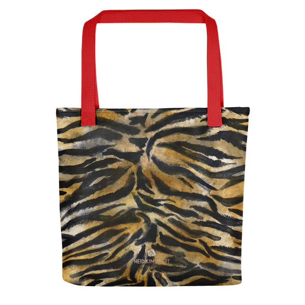 Tiger Striped Tote Bag, Tiger Animal Print Designer 15" x 15" Tote Bag - Made in USA/EU-Tote Bag-Red-Heidi Kimura Art LLC