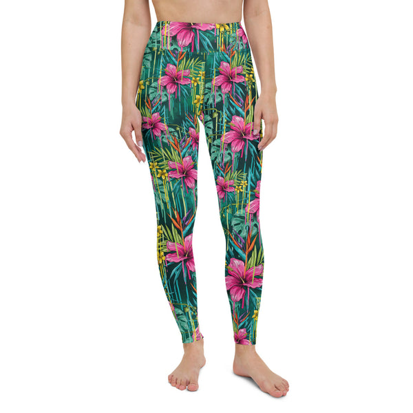 Green Floral Yoga Leggings, Tropical Leaf Print Women's Tights-Made in USA/EU-Heidi Kimura Art LLC-Heidi Kimura Art LLC