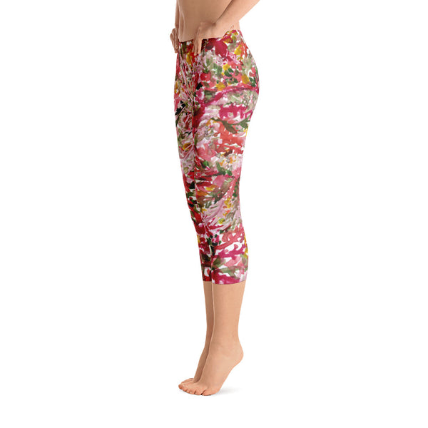 Fall Red Floral Capri Leggings Casual Fashion Activewear - Made in USA (US Size: XS-XL)-capri leggings-Heidi Kimura Art LLC