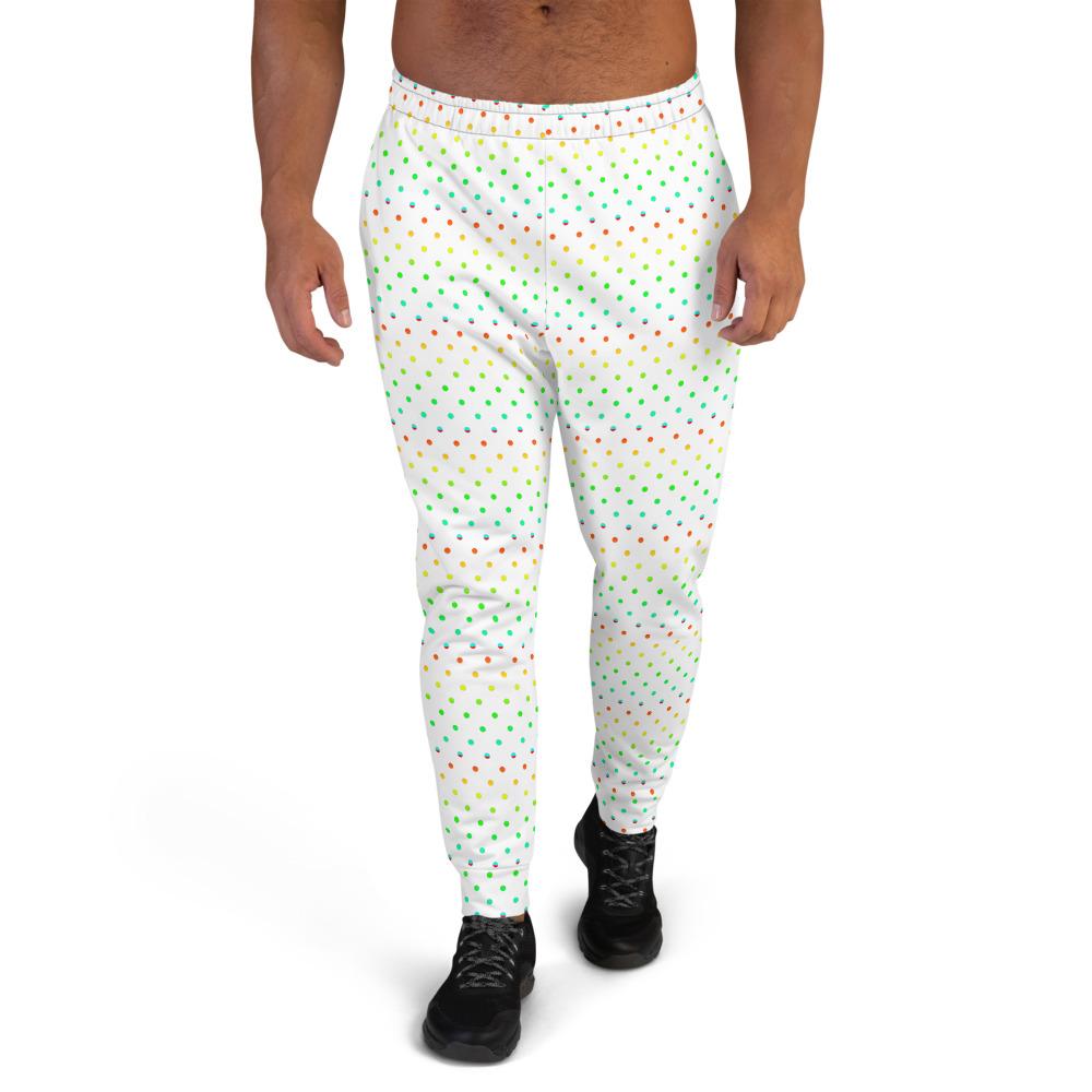 White Polka Dots Rainbow Print Designer Men's Joggers-Made in EU (US Size: XS-3XL)-Men's Joggers-XS-Heidi Kimura Art LLC