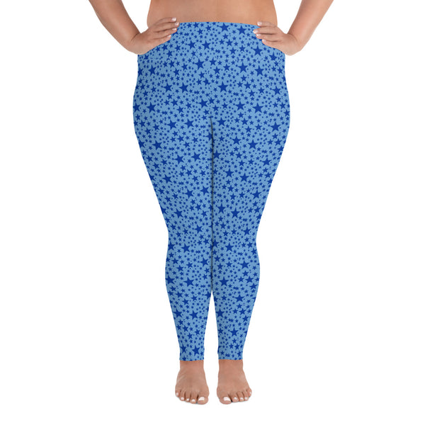 Light Blue Star Space Pattern Print Plus Size Women's Leggings Yoga Pants - Made in USA/EU-Women's Plus Size Leggings-Heidi Kimura Art LLC