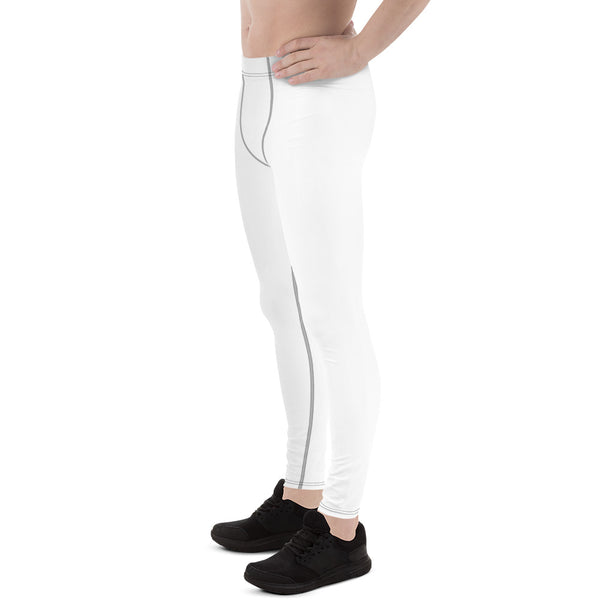 Solid White Color Print Designer Premium Men's Leggings Long Tights -Made in USA/EU-Men's Leggings-Heidi Kimura Art LLC