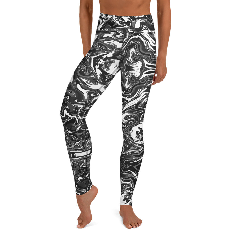 Black Marble Yoga Leggings, Marble Print Long Tights-Made in USA/EU-Heidi Kimura Art LLC-XS-Heidi Kimura Art LLC