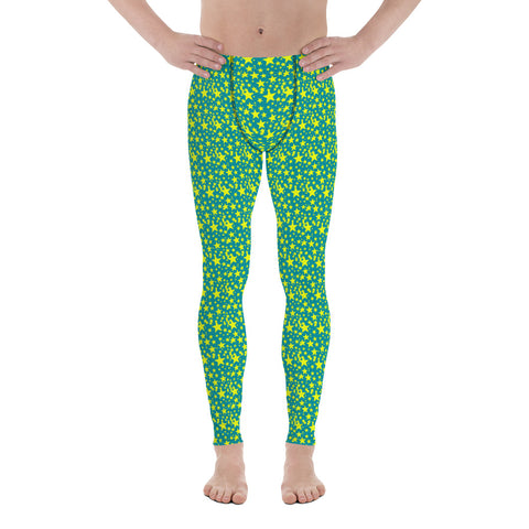 Bright Blue Yellow Starry Meggings, Designer Men's Leggings-Heidi Kimura Art LLC-Heidi Kimura Art LLC Bright Blue Yellow Starry Meggings, Designer Star Print Modern Meggings, Men's Leggings Tights Pants - Made in USA/EU (US Size: XS-3XL) Sexy Meggings Men's Workout Gym Tights Leggings