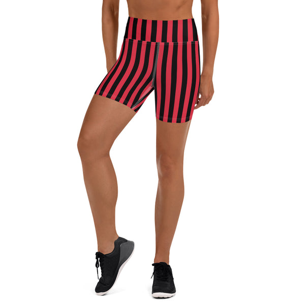 Black Red Striped Yoga Shorts, Circus Vertical Stripes Women's Tights-Made in USA/EU-Heidi Kimura Art LLC-XS-Heidi Kimura Art LLC Black Red Striped Yoga Shorts, Circus Vertical Stripes Modern Classic Premium Quality Women's High Waist Spandex Fitness Workout Yoga Shorts, Yoga Tights, Fashion Gym Quick Drying Short Pants With Pockets - Made in USA (US Size: XS-XL)