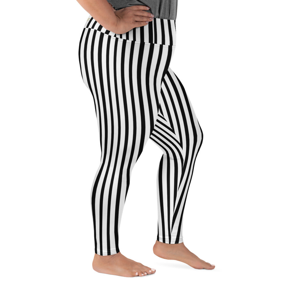 Vertical Striped Plus Size Tights, Best Black White Stripe Print
