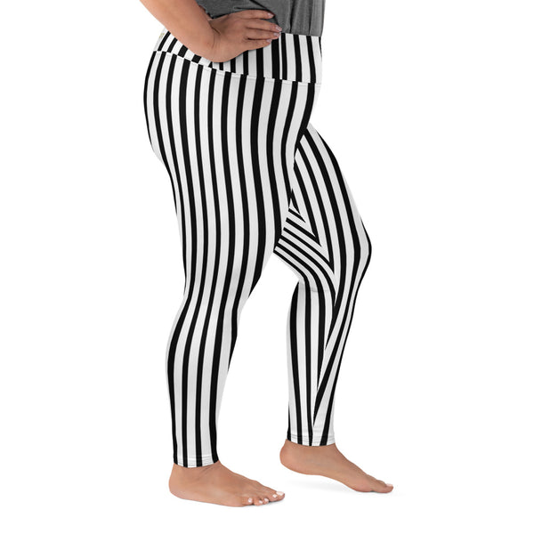 Vertical Black White Stripe Print Women's Plus Size Leggings Tights- Made in USA/ EU-Women's Plus Size Leggings-Heidi Kimura Art LLC