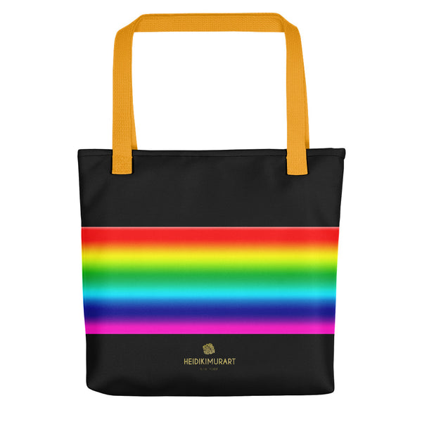 Bright Colorful Rainbow Stripe Black Premium 15"x15" Square Tote Bag- Made in USA/EU-Tote Bag-Yellow-Heidi Kimura Art LLC