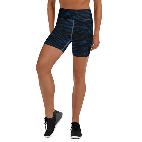 Navy Blue Tiger Yoga Shorts, Tiger Striped Animal Print Premium Quality Women's High Waist Spandex Fitness Workout Yoga Shorts, Yoga Tights, Fashion Gym Quick Drying Short Pants With Pockets - Made in USA/EU (US Size: XS-XL)