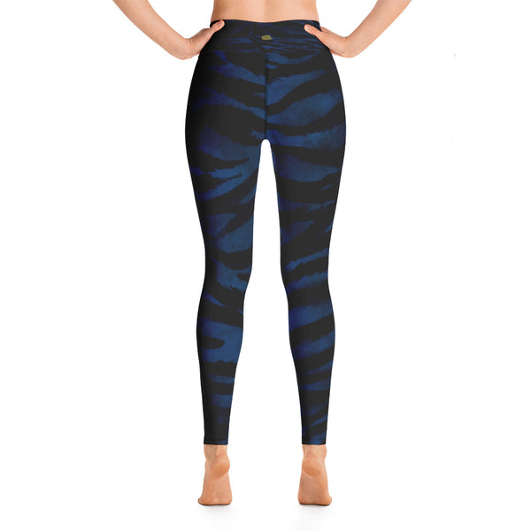 Navy Blue Tiger Striped Women's Leggings, Animal Print Long Yoga Pants- Made in USA/EU-Leggings-Heidi Kimura Art LLC Blue Tiger Striped Women's Leggings, Navy Blue Animal Tiger Striped Printed Women's Workout Fitted Leggings Sports Long Yoga Pants With Inside Pockets - Made in USA/EU (US Size: XS-XL) 