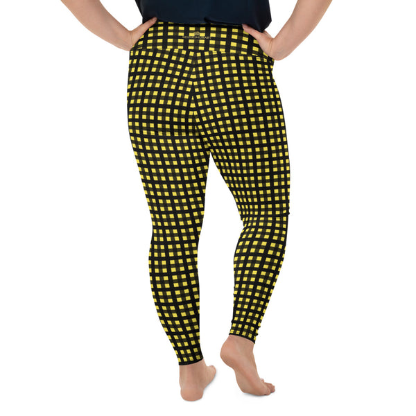 Yellow Buffalo Print Plus Size Leggings Black Women's Plaid Print Yoga Pants- Made in USA/EU-Women's Plus Size Leggings-Heidi Kimura Art LLC