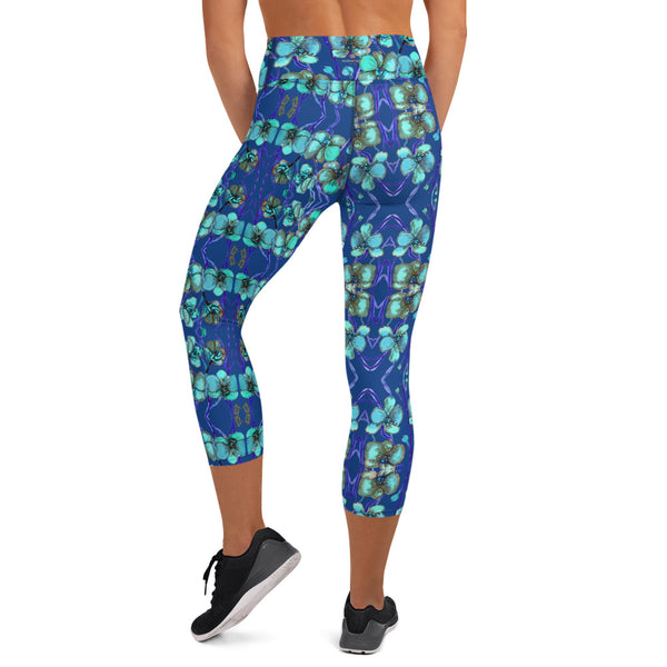 Blue Orchids Yoga Capri Leggings, Floral Print Women's Capris Tights-Made in USA/EU-Heidi Kimura Art LLC-Heidi Kimura Art LLC