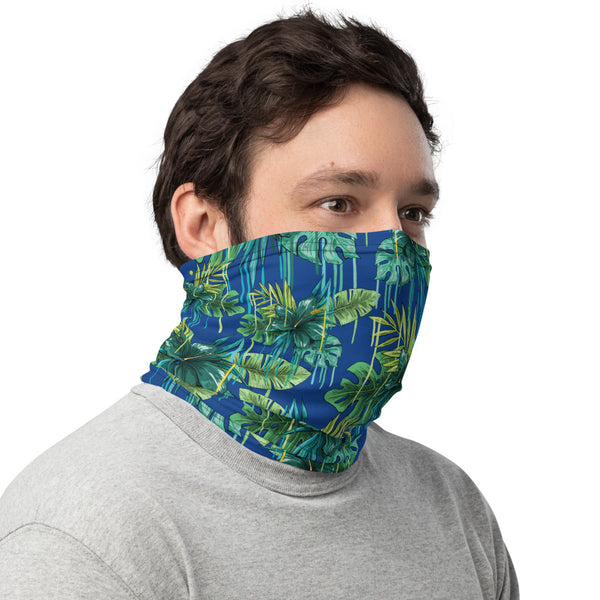 Blue Tropical Leaf Face Mask, Reusable Washable Bandanna Neck Gaiter-Heidi Kimura Art LLC-Heidi Kimura Art LLC