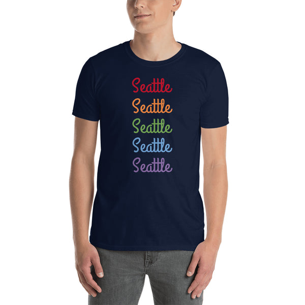 Seattle Gay Pride Rainbow Colors Graphic Short-Sleeve Unisex T-Shirt (US Size: S-XL)-T-Shirt-Navy-S-Heidi Kimura Art LLC