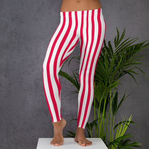 Red White Striped Women's Leggings, Circus Casual Tights For