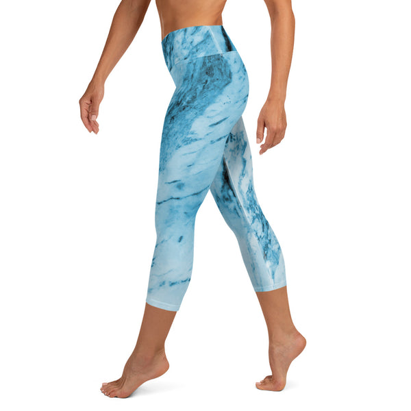 Blue Marble Yoga Capri Leggings, Abstract Print Capris Tights-Made in USA/EU-Heidi Kimura Art LLC-Heidi Kimura Art LLC