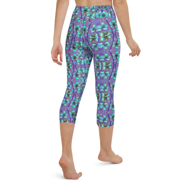 Purple Blue Capris Tights, Orchids Floral Print Pattern Women's Yoga Capri Leggings-Heidi Kimura Art LLC-Heidi Kimura Art LLC