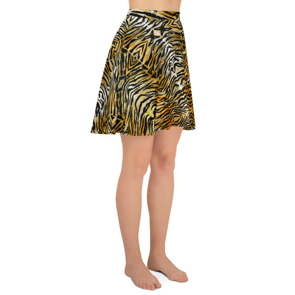 Orange Tiger Striped Skater Skirt, Best Tiger Animal Print Print A-Line Tennis Skirt, High-Waisted Mid-Thigh Women's Skater Skirt, Plus Size Available - Made in USA/EU (US Size: XS-3XL) Animal Print skirt, Tiger Print Skater Skirt, Tiger Skater Skirt