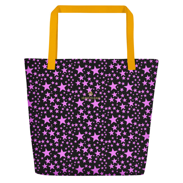 Black Pink Star Pattern Print Designer Large 16"x20" Beach Shopping Bag- Made in USA/EU-Beach Tote Bag-Yellow-Heidi Kimura Art LLC