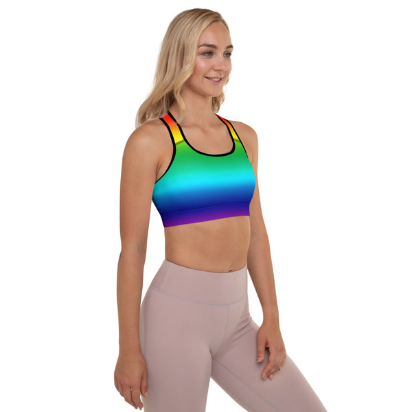 Rainbow Horizontal Ombre Print Women's Padded Premium Sports Bra- Made in USA/EU-Sports Bras-Heidi Kimura Art LLC