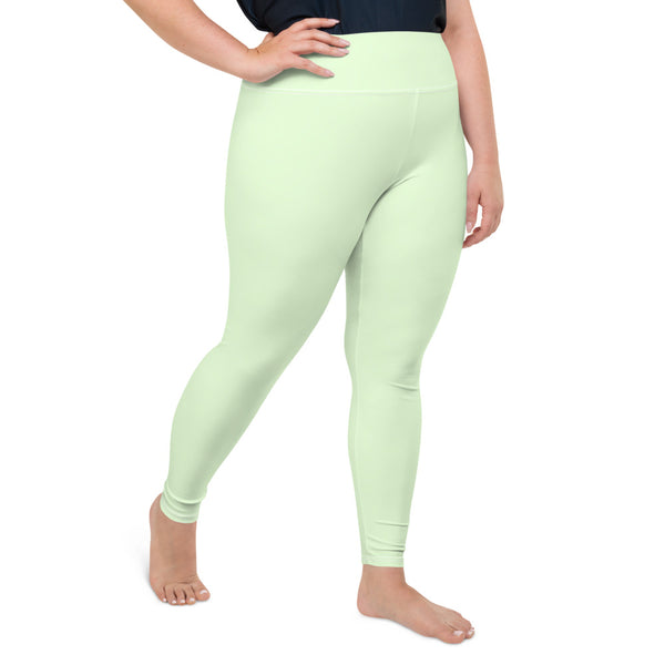 Light Green Pastel Solid Color Print Plus Size Leggings Women's Yoga Pants- Made in USA/EU-Women's Plus Size Leggings-Heidi Kimura Art LLC