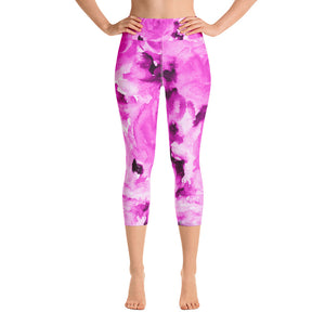 Pink Floral Print Women's Yoga Capri Pants Leggings With Pockets- Made In USA-Capri Yoga Pants-XS-Heidi Kimura Art LLC