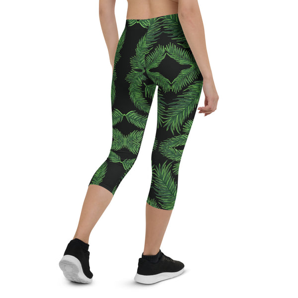 Green Palm Leaf Capri Leggings, Women's Tropical Leaves Women's Tights-Made in USA/EU-Heidi Kimura Art LLC-Heidi Kimura Art LLC