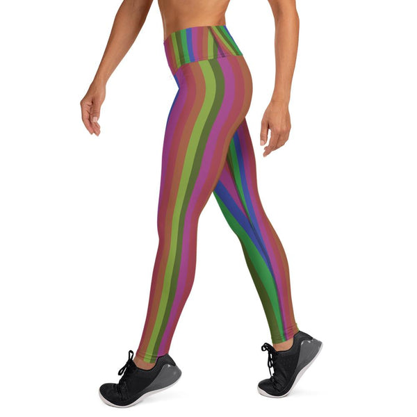 Faded Rainbow Stripe Retro Style Print Women's Yoga Leggings- Made in USA-Leggings-Heidi Kimura Art LLC