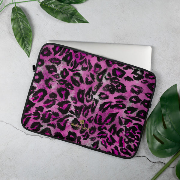 Pink Leopard Animal Print Cute Designer Laptop Sleeve Cover Protective Case-Made in USA/EU-Laptop Sleeve-15 in-Heidi Kimura Art LLC