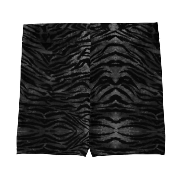 Black Tiger Striped Workout Shorts, Animal Print Designer Women's Short Tights-Heidikimurart Limited -Heidi Kimura Art LLC