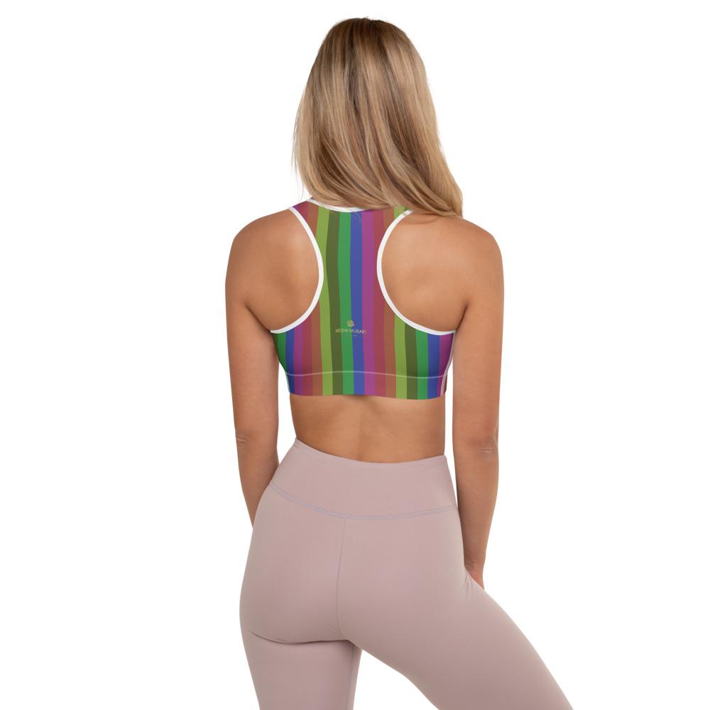 Vintage Style Rainbow Sports Bra, Vertically Stripe Women's Padded Bra-Made  in USA/EU