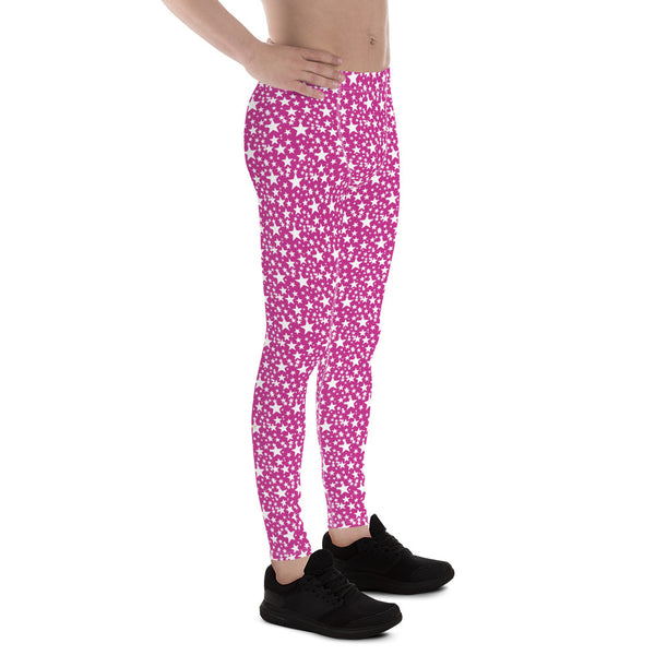 Pink White Star Pattern Print Premium Men's Leggings Compression Tights- Made in USA/EU-Men's Leggings-Heidi Kimura Art LLC