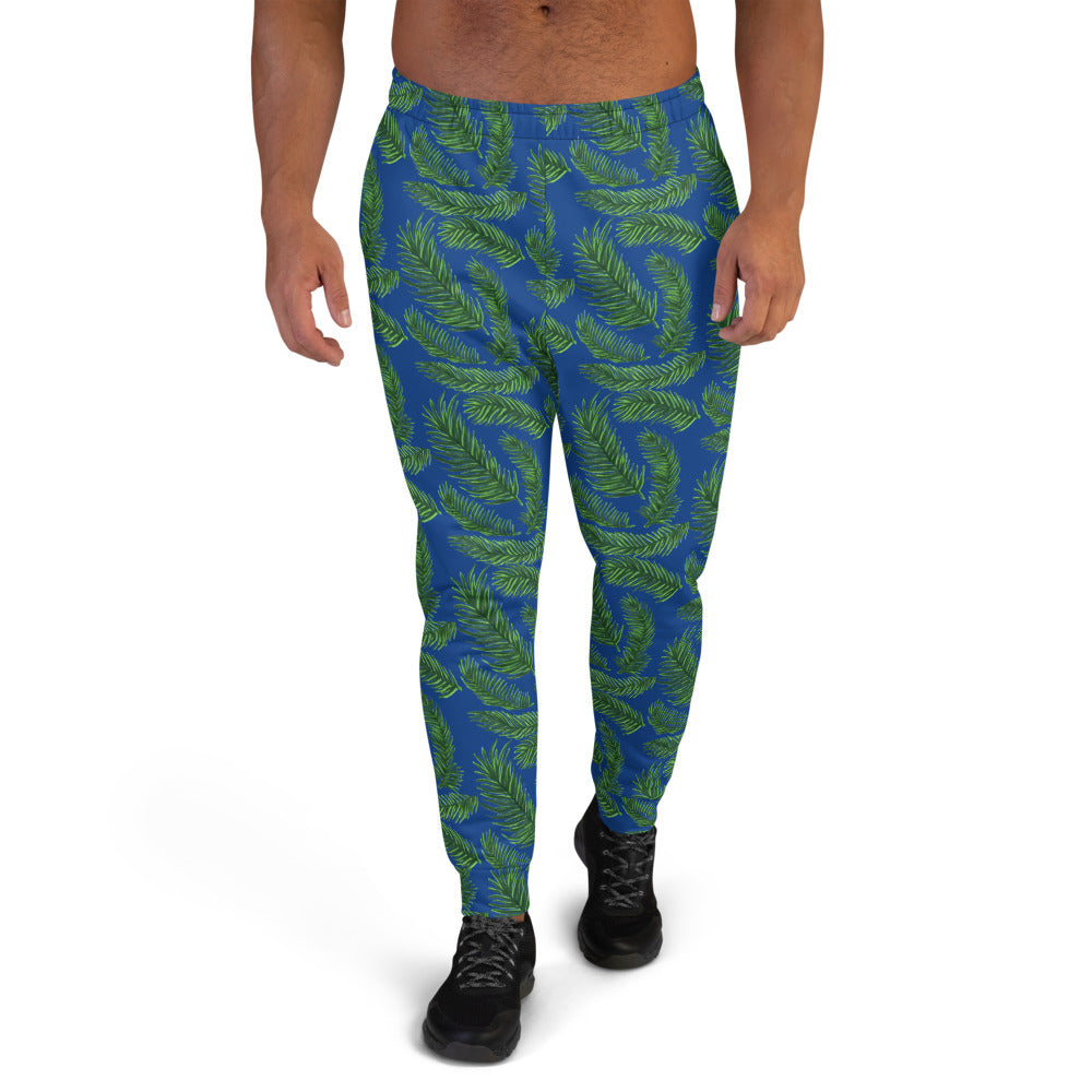Navy Blue Green Tropical Palm Leaf Print Designer Men's Joggers - Made in EU-Men's Joggers-XS-Heidi Kimura Art LLC