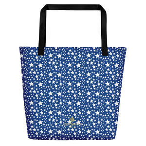 Blue White Star Pattern Print Designer Large 16"x20" Unisex Beach Tote Bag- Made in USA/EU-Beach Tote Bag-Black-Heidi Kimura Art LLC