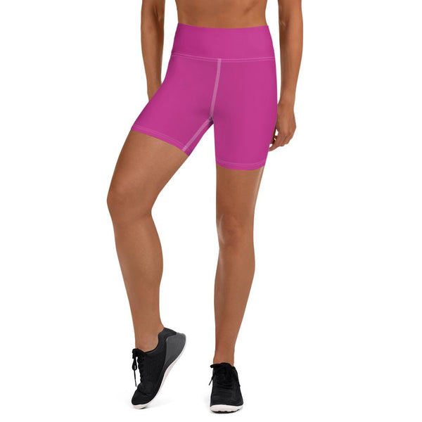 Hot Pink Solid Color Gym Fitness Workout Tight Yoga Fitness Shorts- Made in USA-Yoga Shorts-XS-Heidi Kimura Art LLC