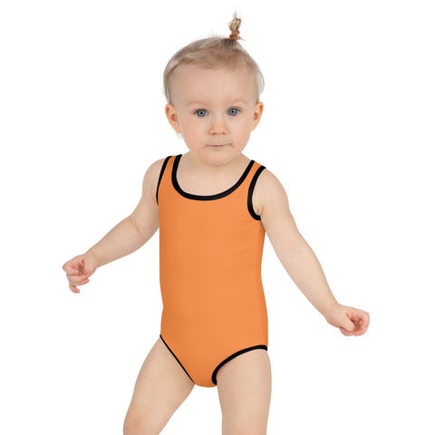 Florida Orange Girl's Swimwear, Solid Color Print Kids Swimsuit-Heidi Kimura Art LLC-2T-Heidi Kimura Art LLC