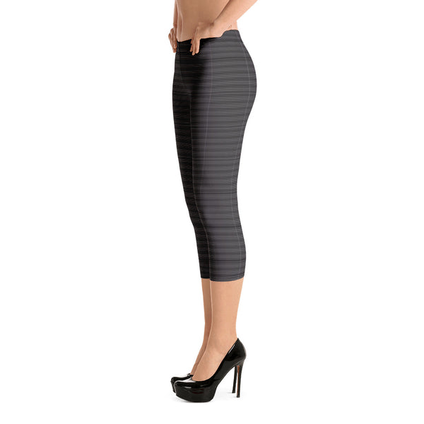Black Striped Casual Capri Leggings, Modern Classic Ladies' Fashion Capris Tights- Made in USA/EU-Heidikimurart Limited -Heidi Kimura Art LLC