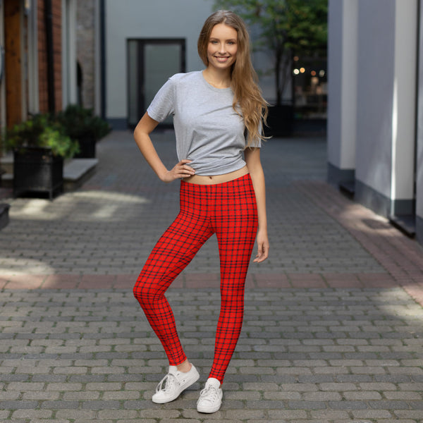 Red Plaid Print Leggings, Scottish Tartan Women's Tights-Made in USA/EU-Heidi Kimura Art LLC-Heidi Kimura Art LLC