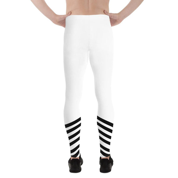 White Black Diagonal Stripe Print Men's Leggings Compression Tights- Made in USA/ EU-Men's Leggings-Heidi Kimura Art LLC