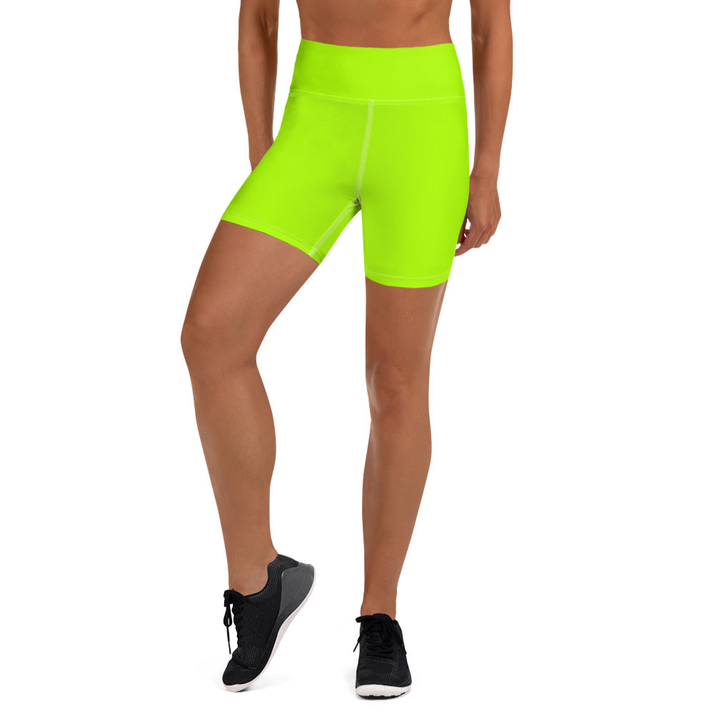 Neon Green Ladies Yoga Shorts, Solid Color Premium Quality Women's High Waist Spandex Fitness Workout Yoga Shorts, Yoga Tights, Fashion Gym Quick Drying Short Pants With Pockets - Made in USA/EU (US Size: XS-XL)