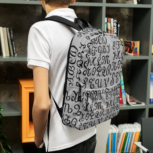Gray Calligraphy Print Designer Water Resistant Premium Quality Backpack-Made in USA-Backpack-Heidi Kimura Art LLC