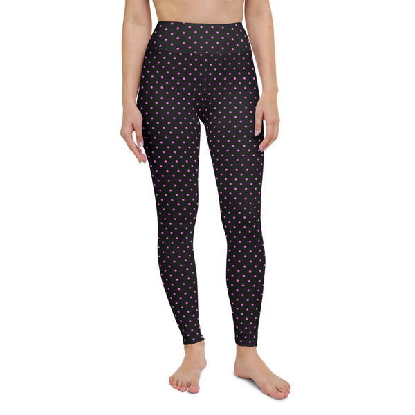 Pink Polka Dots Yoga Leggings, Women's Long Yoga Leggings-Heidi Kimura Art LLC-Heidi Kimura Art LLC