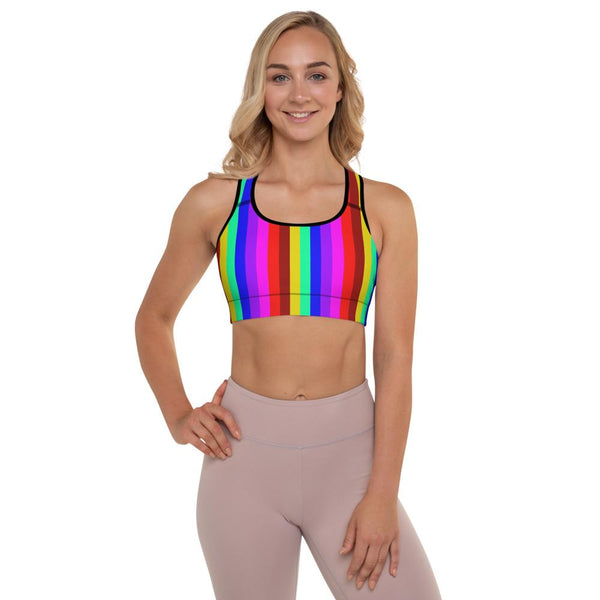 Rainbow Stripe Print Women's Designer Padded Gym Fitness Sports Bra-Made in USA/EU-Sports Bras-Black-XS-Heidi Kimura Art LLC