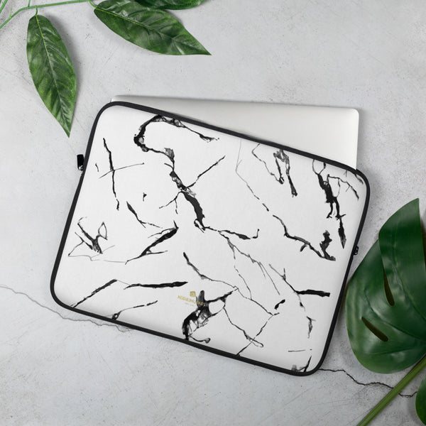 White Marble Print Designer 13" or 15" Snug Fit Laptop Sleeve Cover Case- Made in USA/EU-Laptop Sleeve-15 in-Heidi Kimura Art LLC