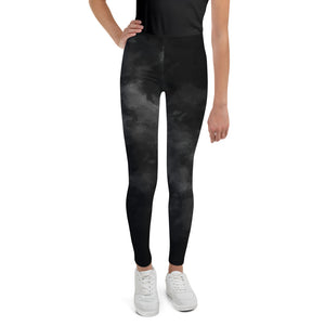 Black Abstract Youth's Leggings, Clouds Print Premium Youth Sports Tights-Made in USA-Youth's Leggings-8-Heidi Kimura Art LLC