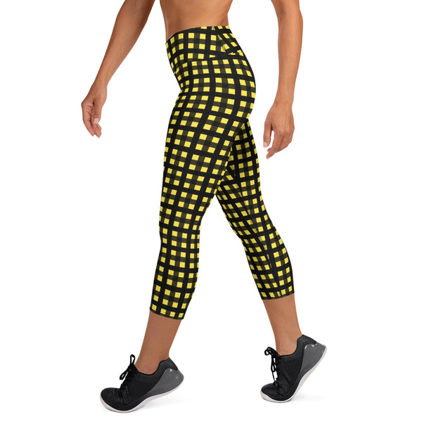Yellow Buffalo Capris Leggings, Plaid Print Yoga Capri Women's Tights- Made in USA/EU-Capri Yoga Pants-Heidi Kimura Art LLC