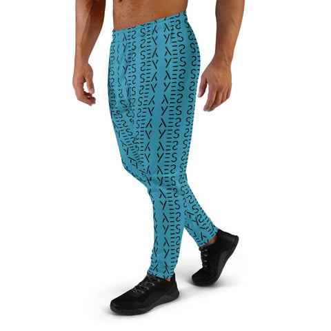 Blue Yes Graphic Print Premium Men's Joggers Sweatpants Jogger Pants-Made in EU-Men's Joggers-Heidi Kimura Art LLC Blue Men's Joggers, Blue Yes Graphics Pattern Print Designer Ultra Soft & Comfortable Men's Joggers, Men's Jogger Pants, Casual Sweatpants-Made in EU (US Size: XS-3XL)