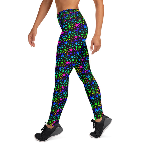 Black Rainbow Star Print Women's Long Workout Yoga Leggings Pants- Made in USA/EU-Leggings-Heidi Kimura Art LLC
